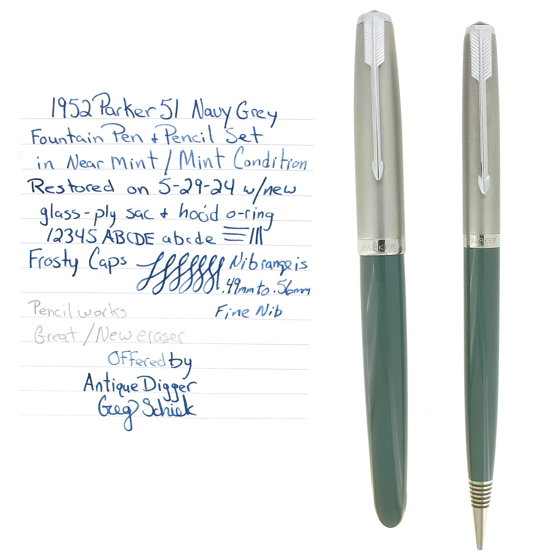 1952 PARKER 51 NAVY GREY AEROMETRIC FOUNTAIN PEN & PENCIL RESTORED NEAR MINT