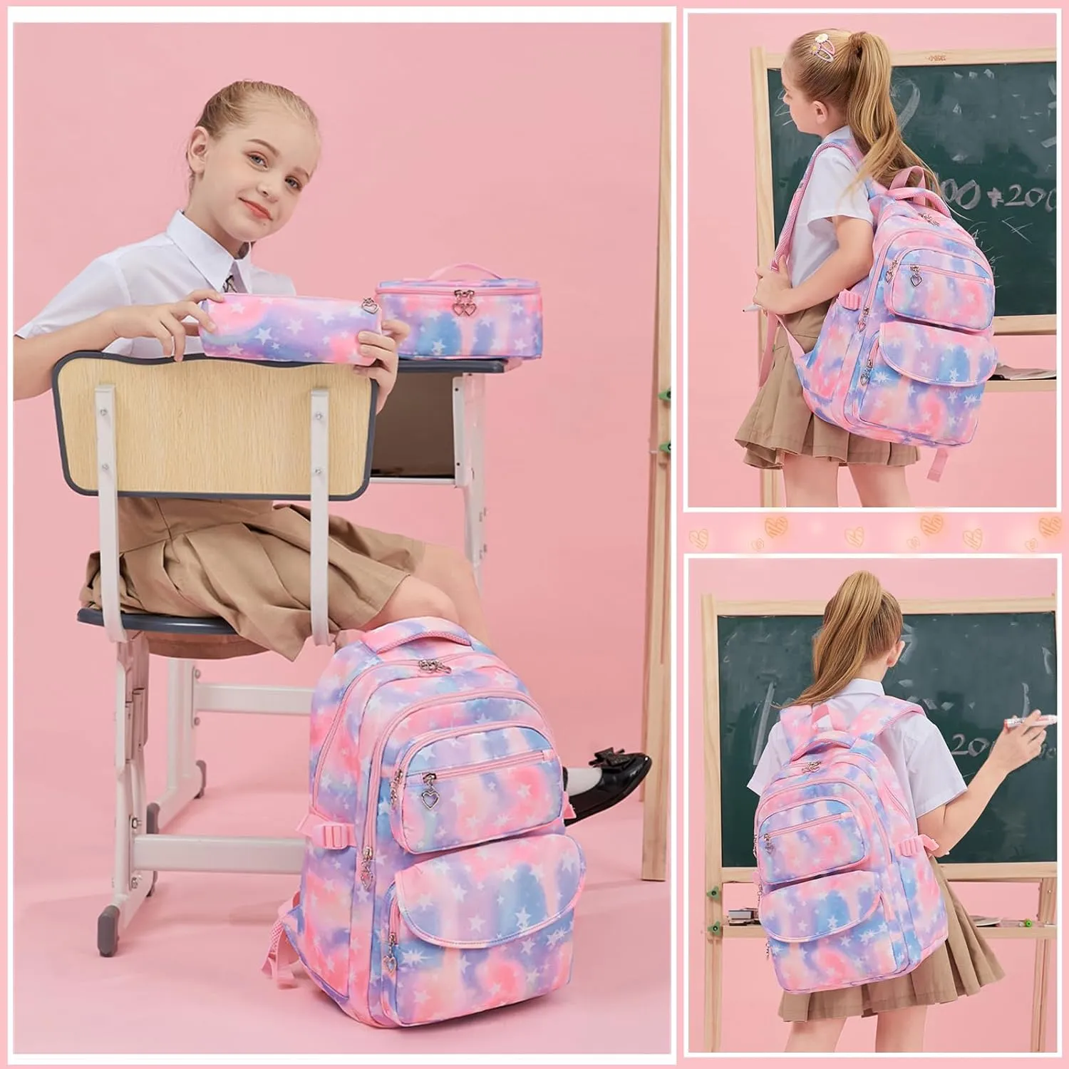 3Pcs Kids Backpack Set for Girls with Matching Lunch Bag, Girls School Bag Backpack for Kids