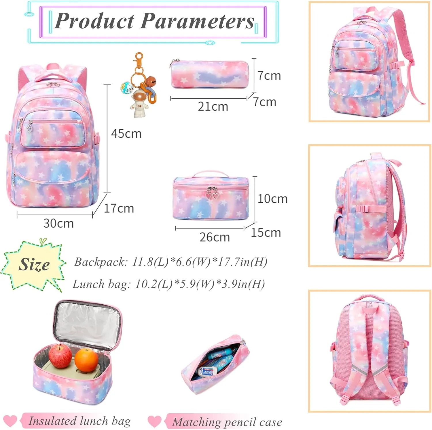 3Pcs Kids Backpack Set for Girls with Matching Lunch Bag, Girls School Bag Backpack for Kids