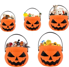 5 Pcs Halloween Pumpkin Candy Buckets - 5 Sizes Plastic Jack-O'-Lantern Sweet Snack Pails with Handles, Trick-or-Treat Candies Collection Party Favors, Halloween Goodie Bag Fillers for Kids