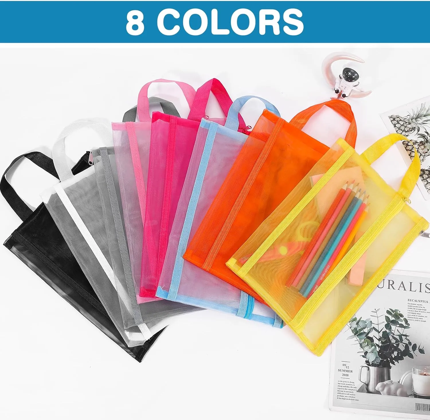 6 Pack Mesh Zipper Pouch Bags, Double Layer Nylon Pouch with Handle for Office Travel Organization (Blue, A5)