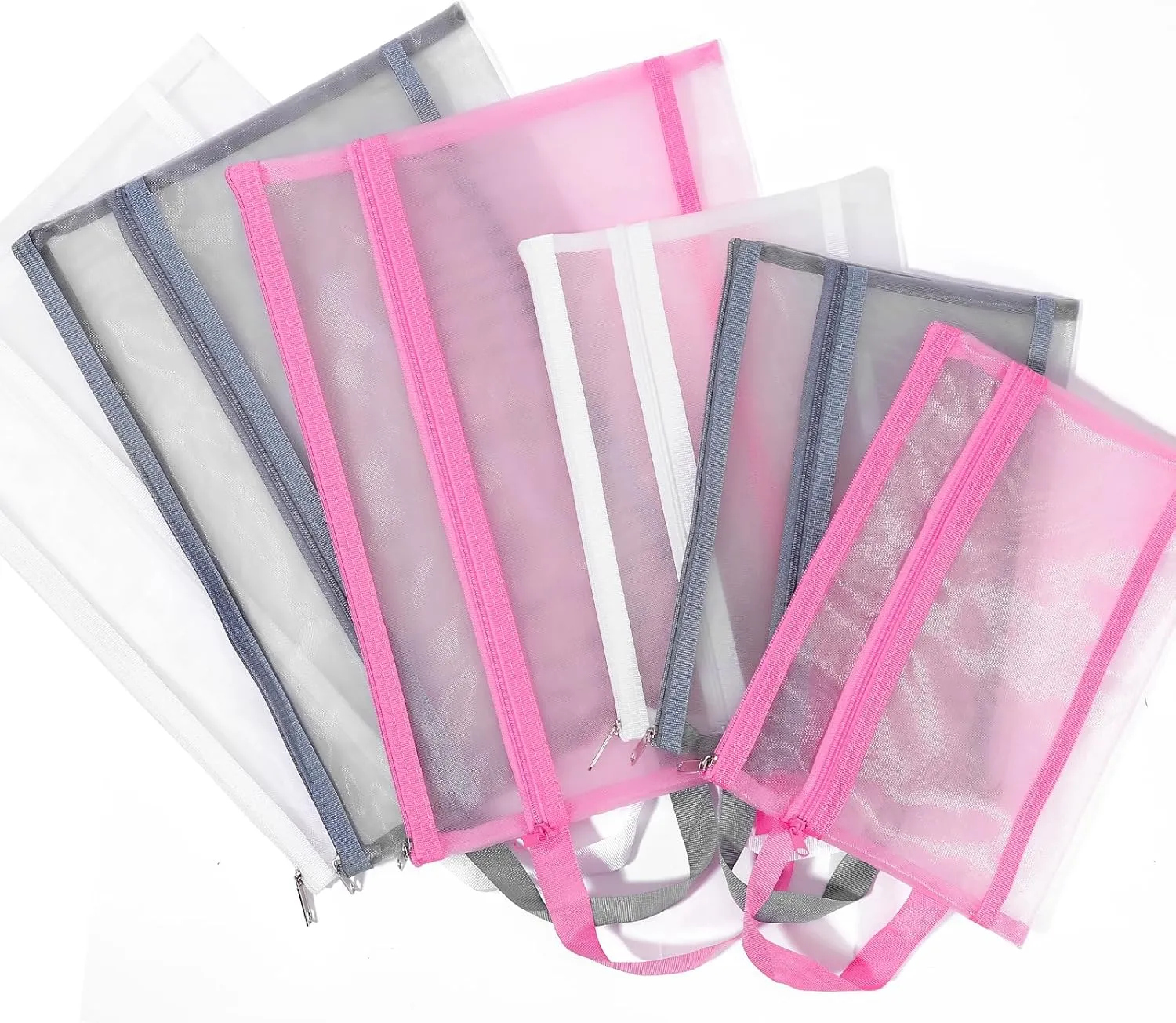 6 Pack Mesh Zipper Pouch Bags, Double Layer Nylon Pouch with Handle for Office Travel Organization (Blue, A5)