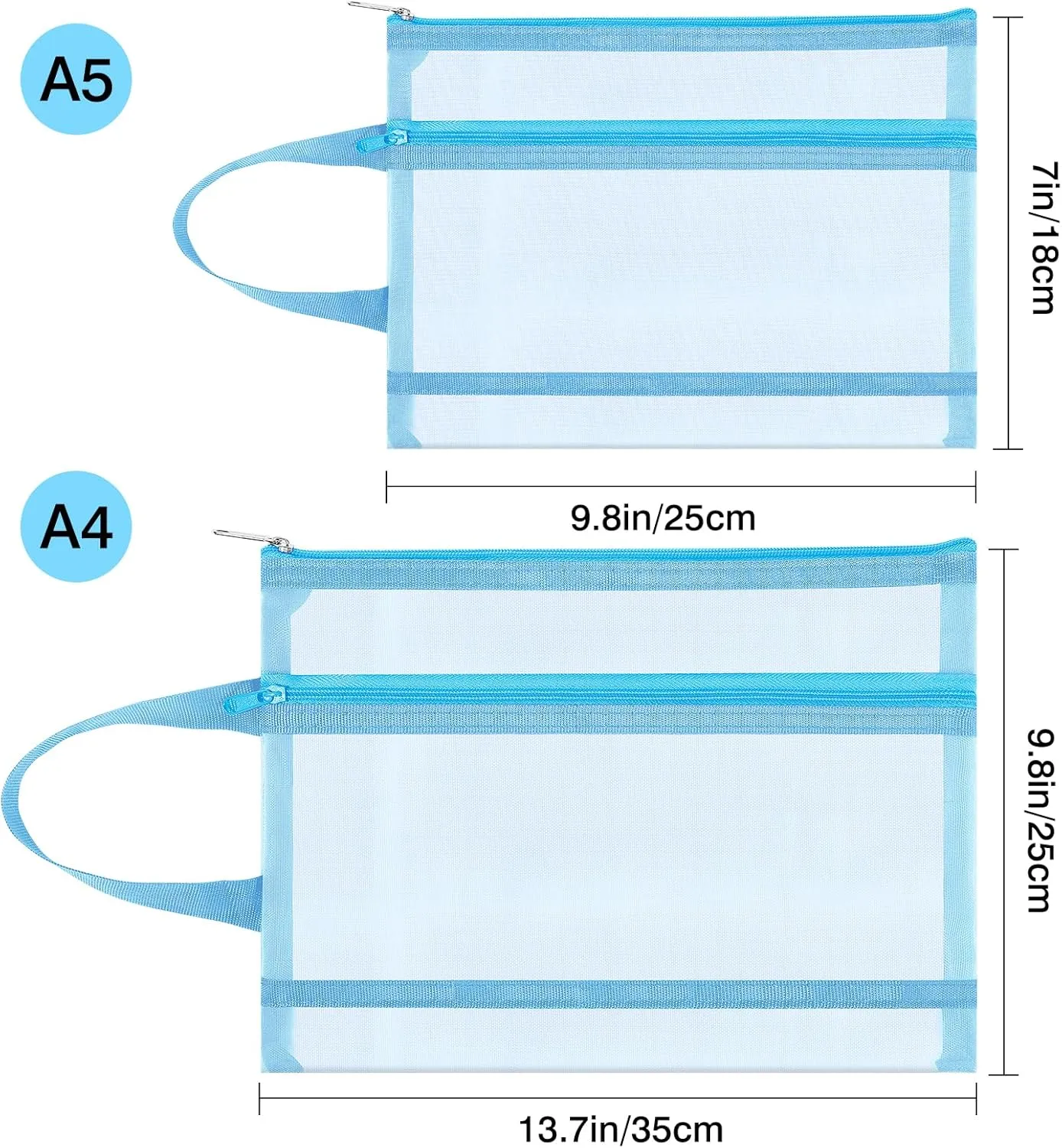 6 Pack Mesh Zipper Pouch Bags, Double Layer Nylon Pouch with Handle for Office Travel Organization (Blue, A5)