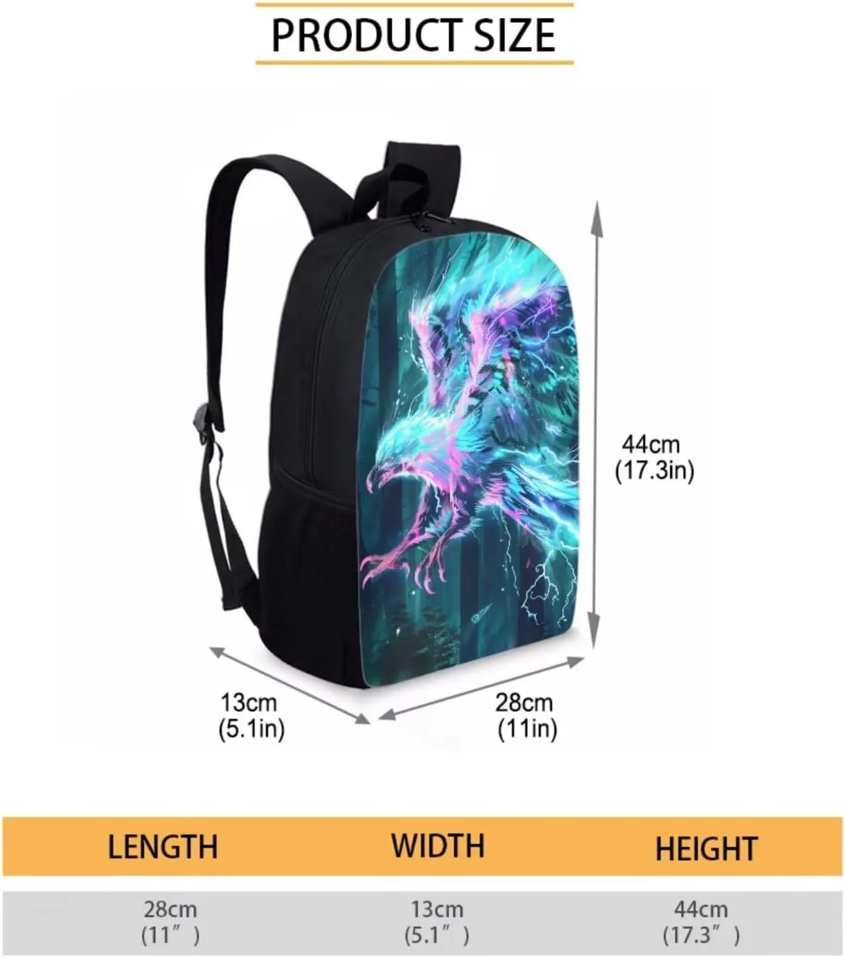 Animal Print Backpack with Lunch Box Pencil Case Cool Lightning Eagle Backpack for Boys Girls Large Capacity Lightweight Grey 17 Inch School Bag Set for Kids