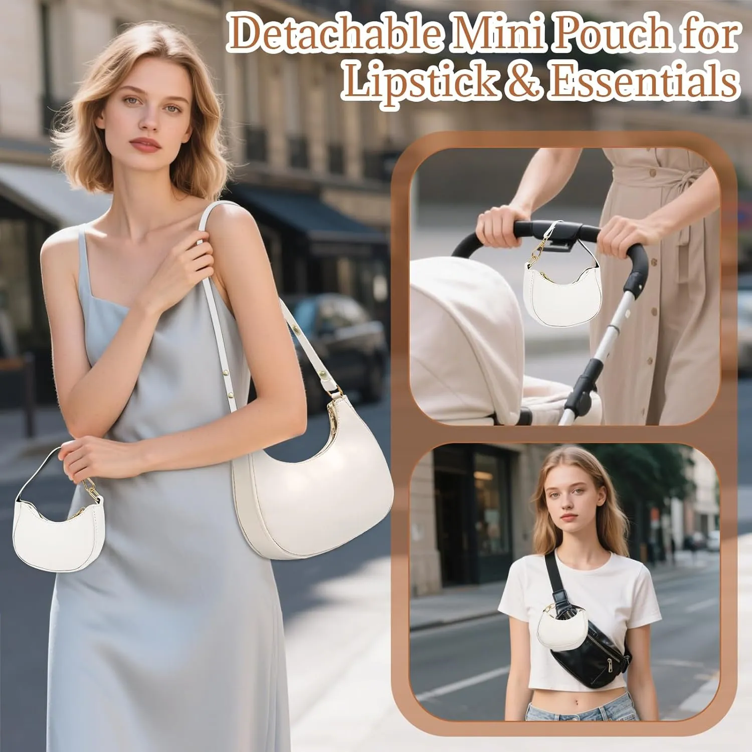 AUDTOPE Shoulder Bags for Women, Crescent Moon Handbag Cute Hobo Bag Faux Leather Mini Clutch Purse with Zipper Closure