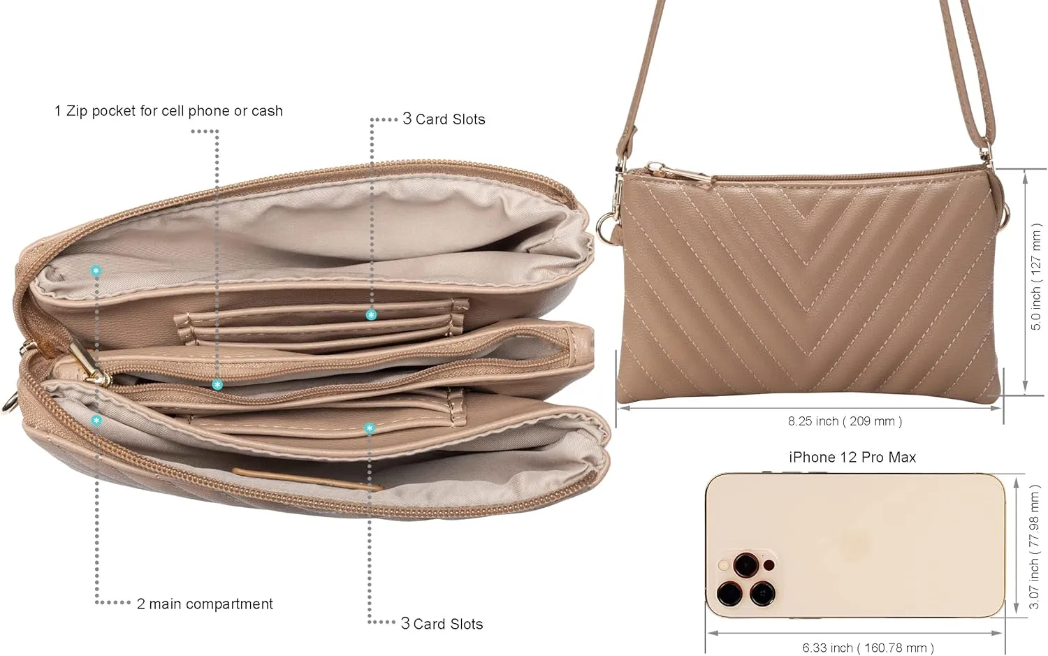 B BRENTANO Vegan Leather Multi-Pocket Crossbody Purse/Clutch with Card Slots, Removable Wristlet & Adjustable Shoulder Strap