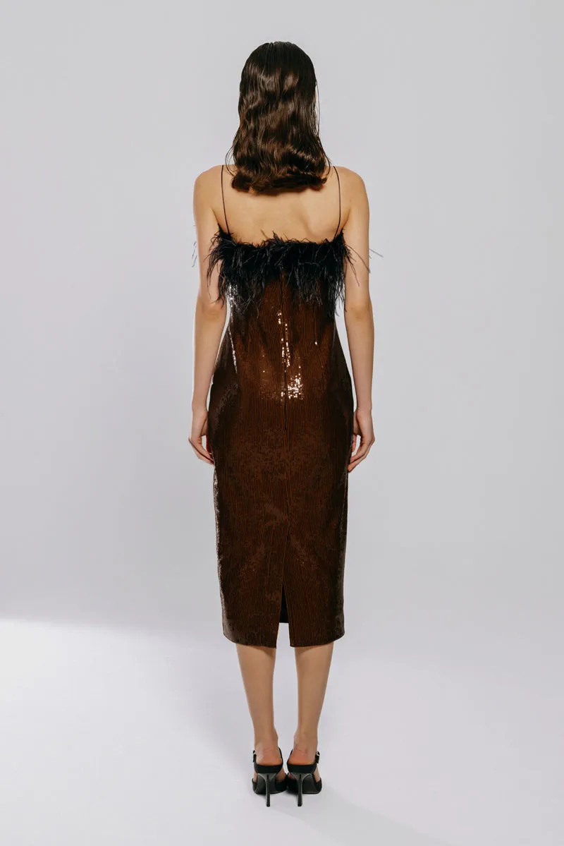 BROWN SEQUINED FEATHER DRESS