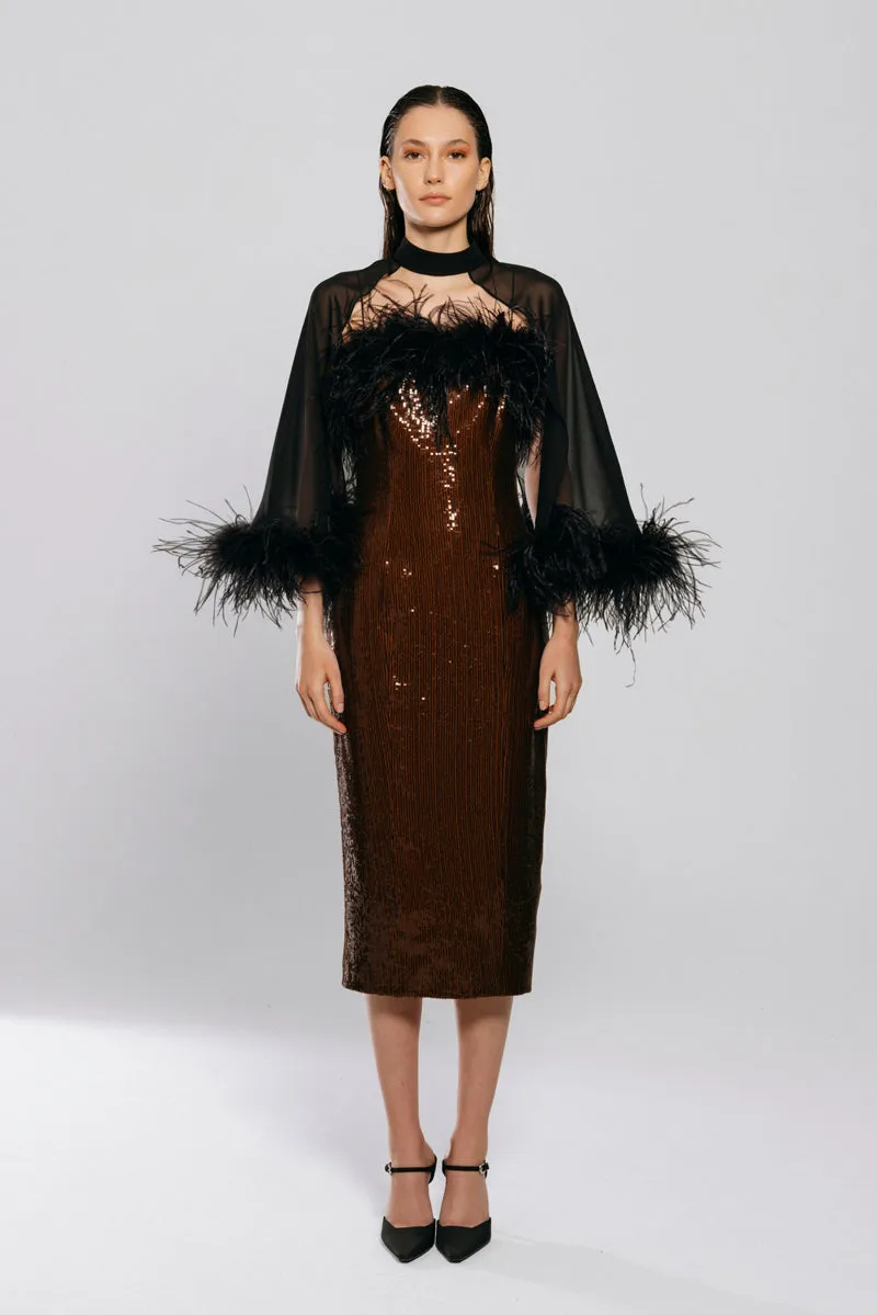 BROWN SEQUINED FEATHER DRESS