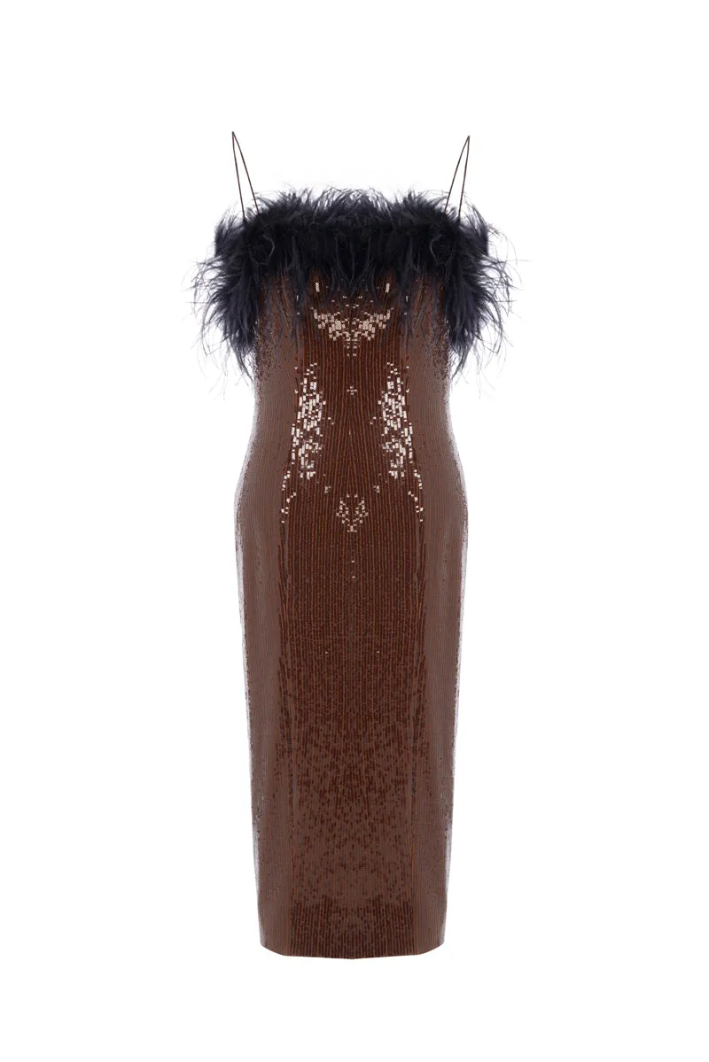 BROWN SEQUINED FEATHER DRESS