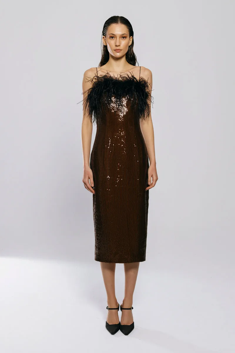 BROWN SEQUINED FEATHER DRESS