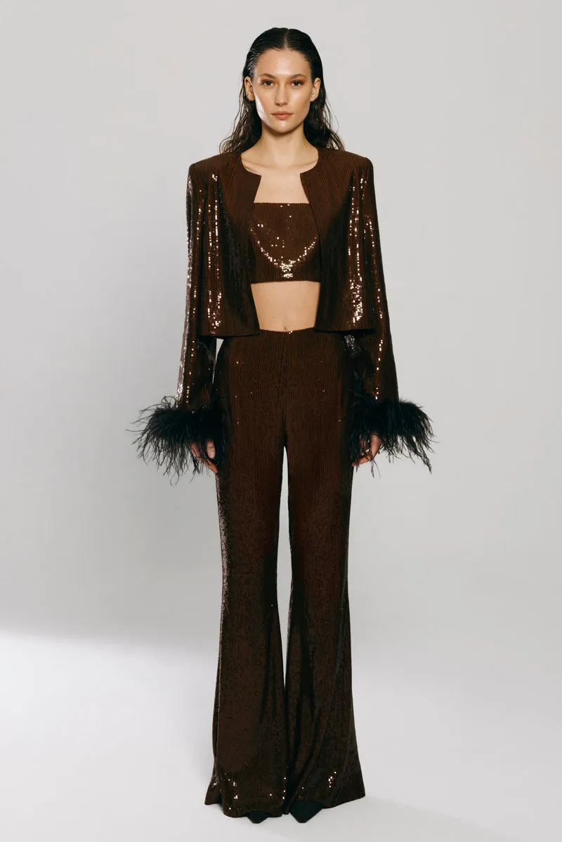 BROWN SEQUINED FEATHER JACKET