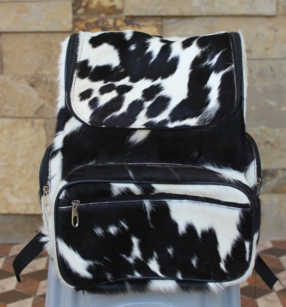 Calf hair backpack black and white