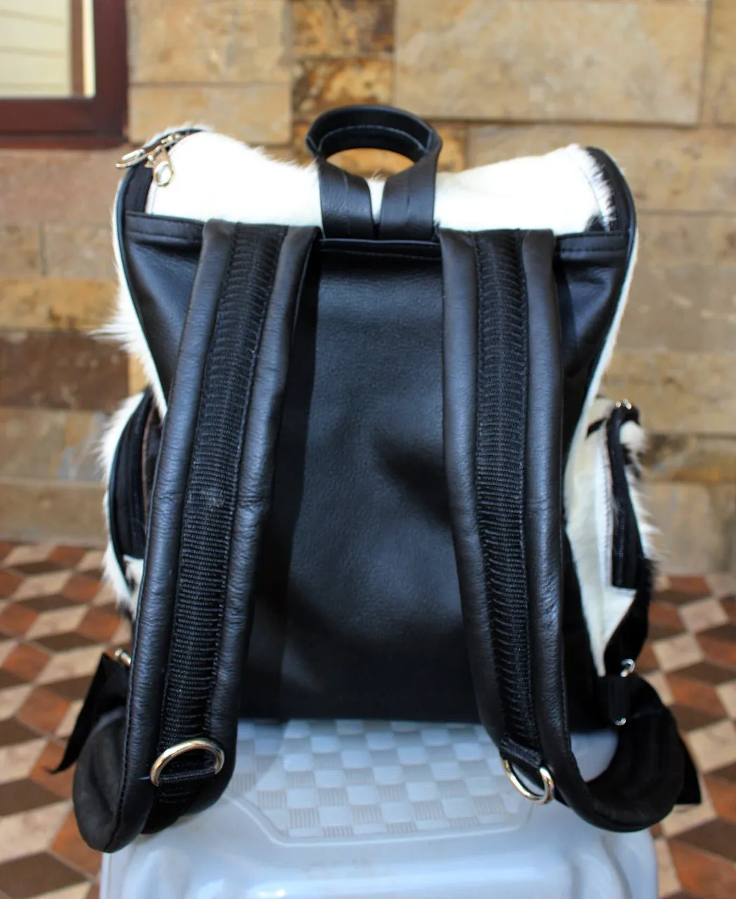Calf hair backpack black and white