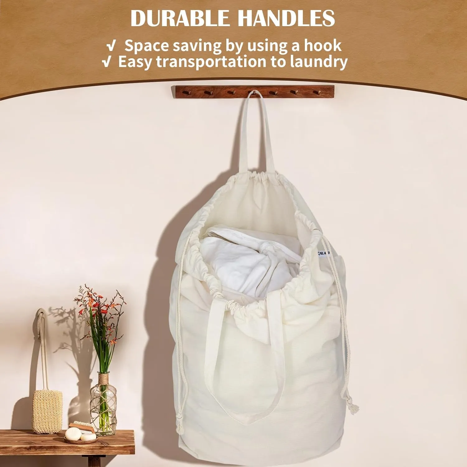Canvas Laundry Bags with Handles & Drawstring Cotton Laundry Basket Hamper Liner Washable Extra Large Heavy Duty Dirty Clothes Bag with Square Base for Travel College Dorm (Natural,1 Pack)