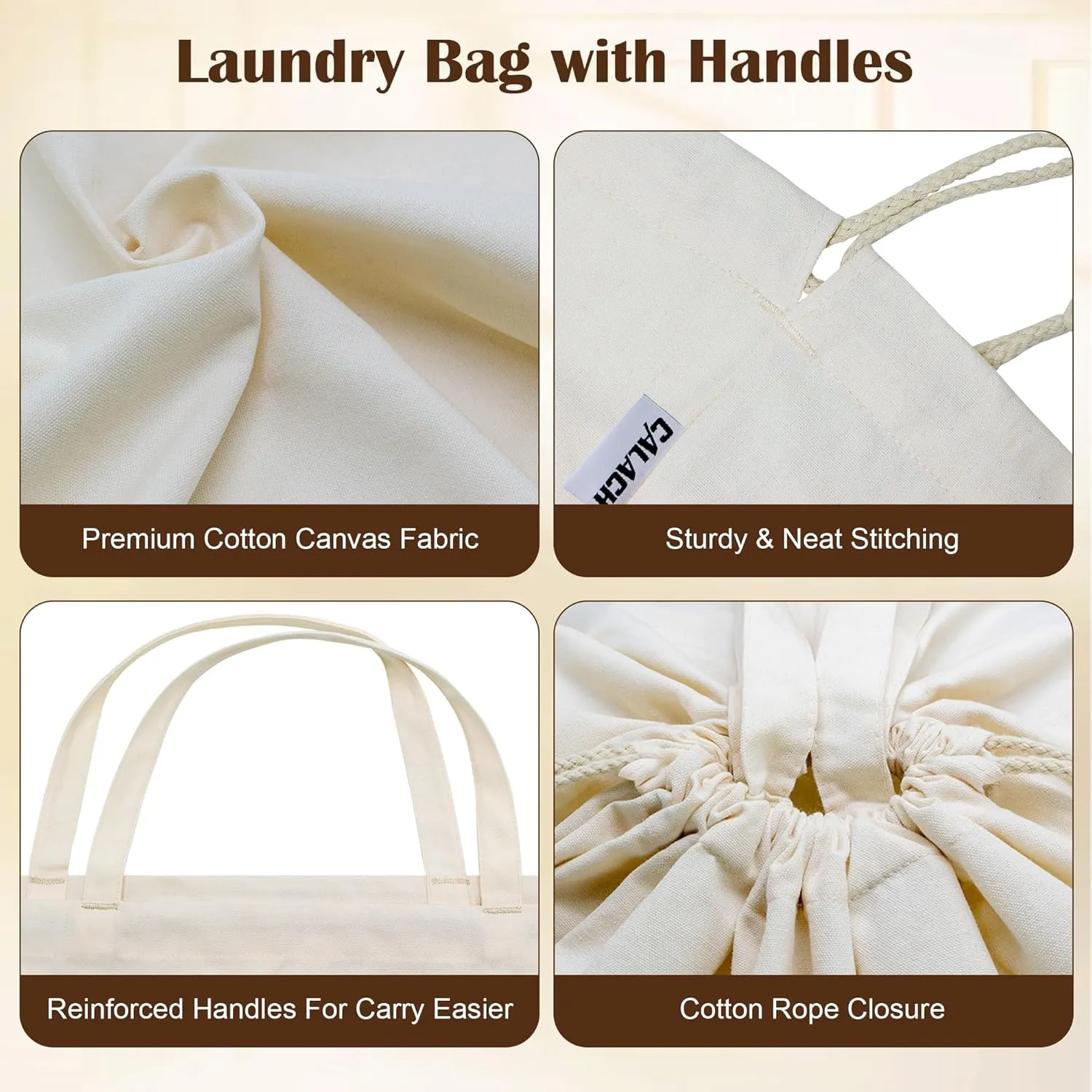 Canvas Laundry Bags with Handles & Drawstring Cotton Laundry Basket Hamper Liner Washable Extra Large Heavy Duty Dirty Clothes Bag with Square Base for Travel College Dorm (Natural,1 Pack)