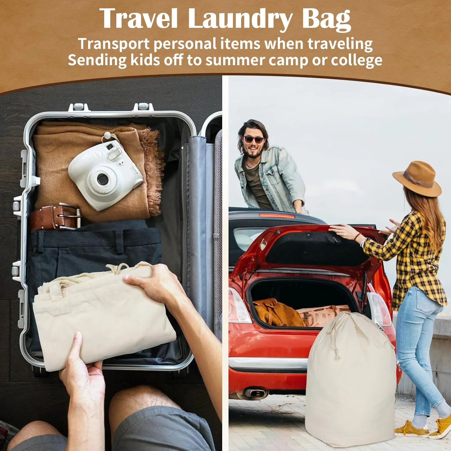 Canvas Laundry Bags with Handles & Drawstring Cotton Laundry Basket Hamper Liner Washable Extra Large Heavy Duty Dirty Clothes Bag with Square Base for Travel College Dorm (Natural,1 Pack)