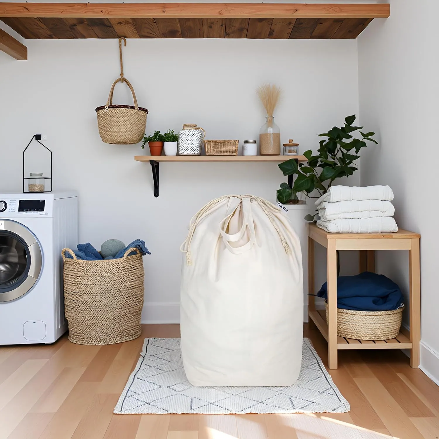 Canvas Laundry Bags with Handles & Drawstring Cotton Laundry Basket Hamper Liner Washable Extra Large Heavy Duty Dirty Clothes Bag with Square Base for Travel College Dorm (Natural,1 Pack)