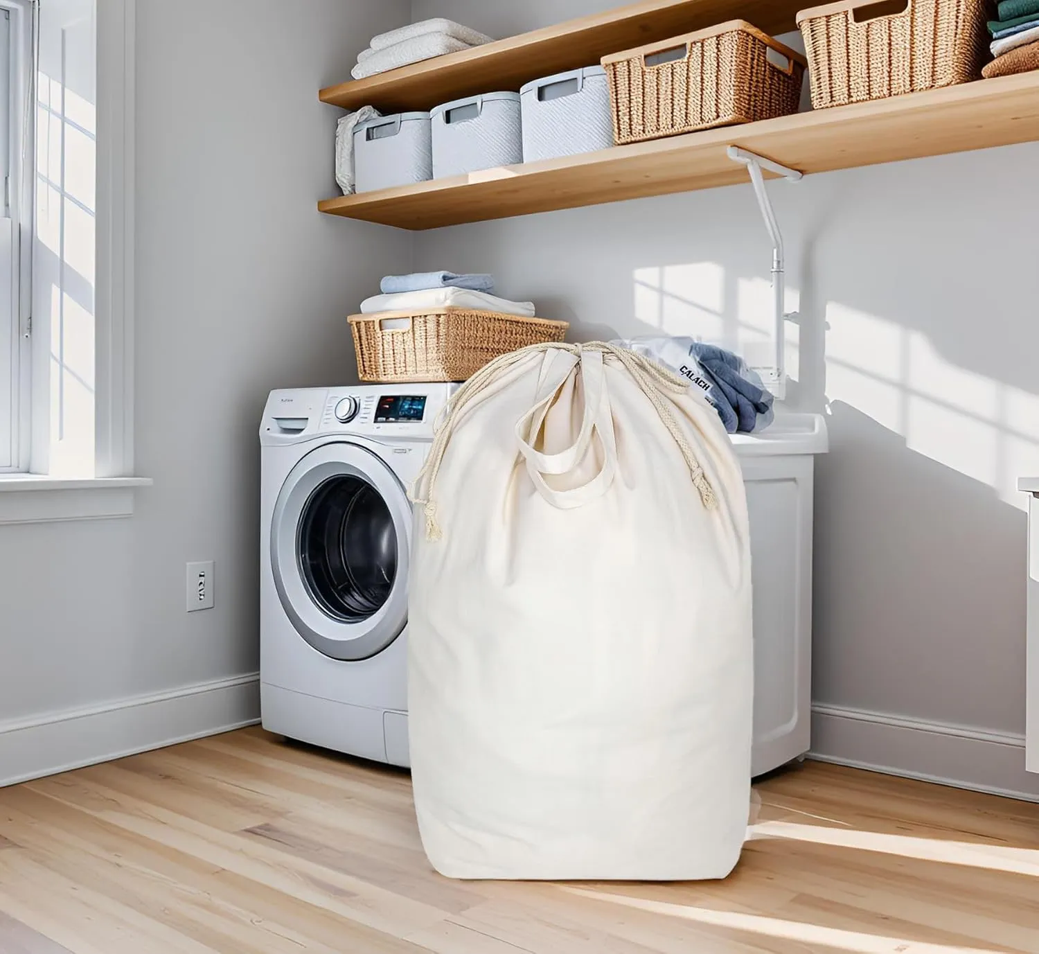 Canvas Laundry Bags with Handles & Drawstring Cotton Laundry Basket Hamper Liner Washable Extra Large Heavy Duty Dirty Clothes Bag with Square Base for Travel College Dorm (Natural,1 Pack)