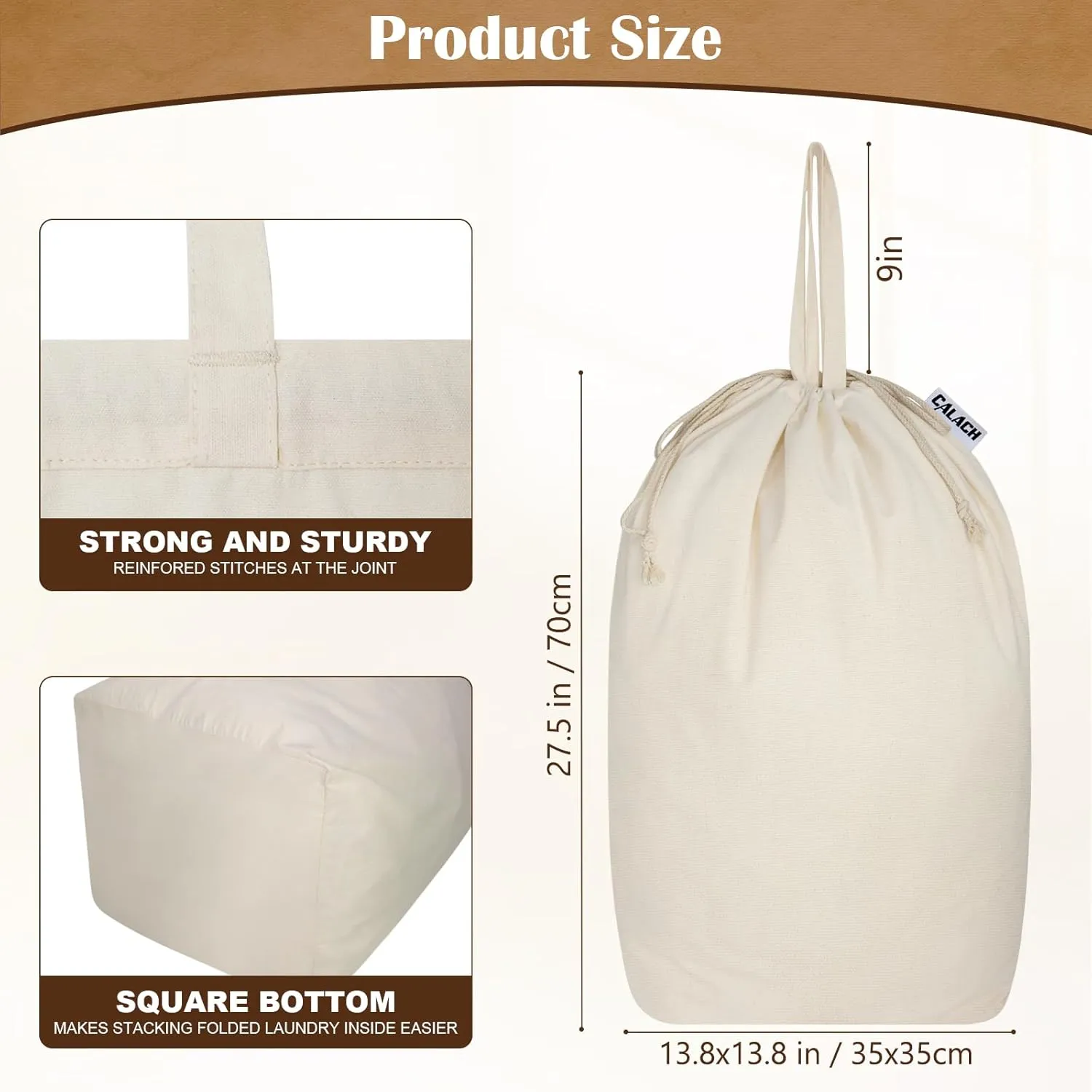 Canvas Laundry Bags with Handles & Drawstring Cotton Laundry Basket Hamper Liner Washable Extra Large Heavy Duty Dirty Clothes Bag with Square Base for Travel College Dorm (Natural,1 Pack)