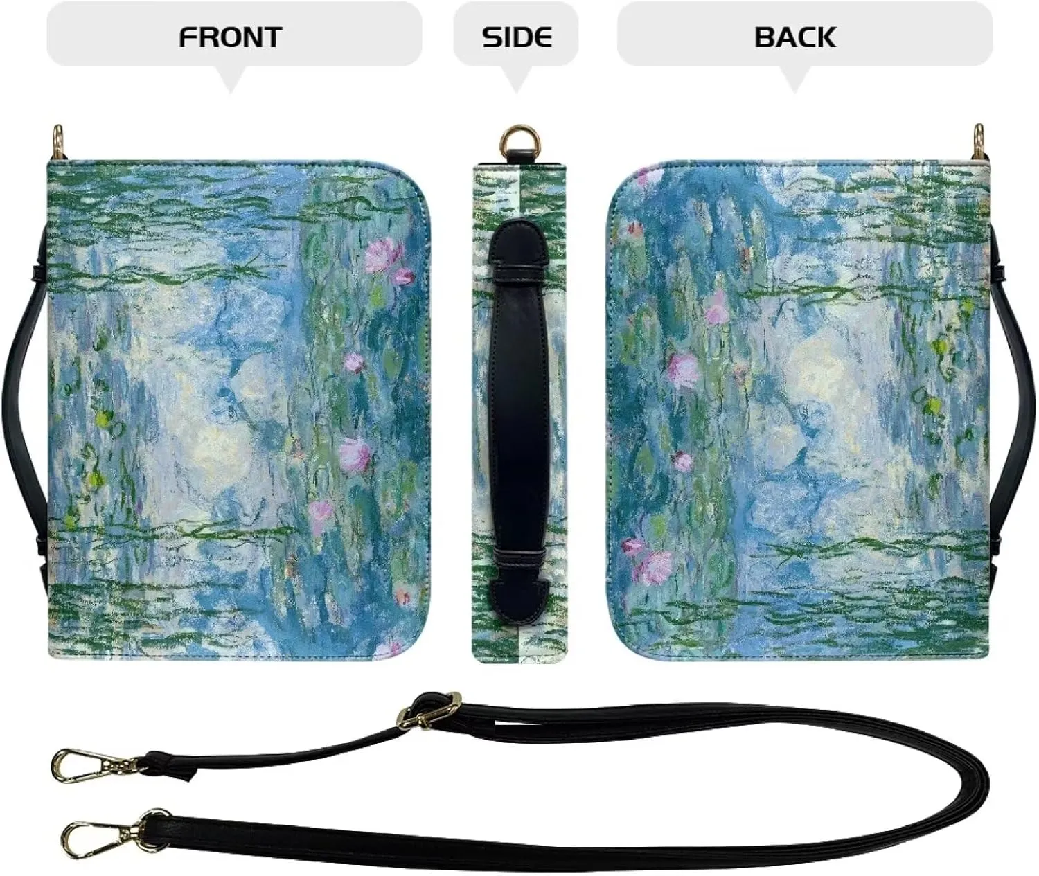 Claude Monet Bible Cover Bible Case for Women PU Bible Bag with Shoulder Strap Monet Oil Painting Design Book Cover