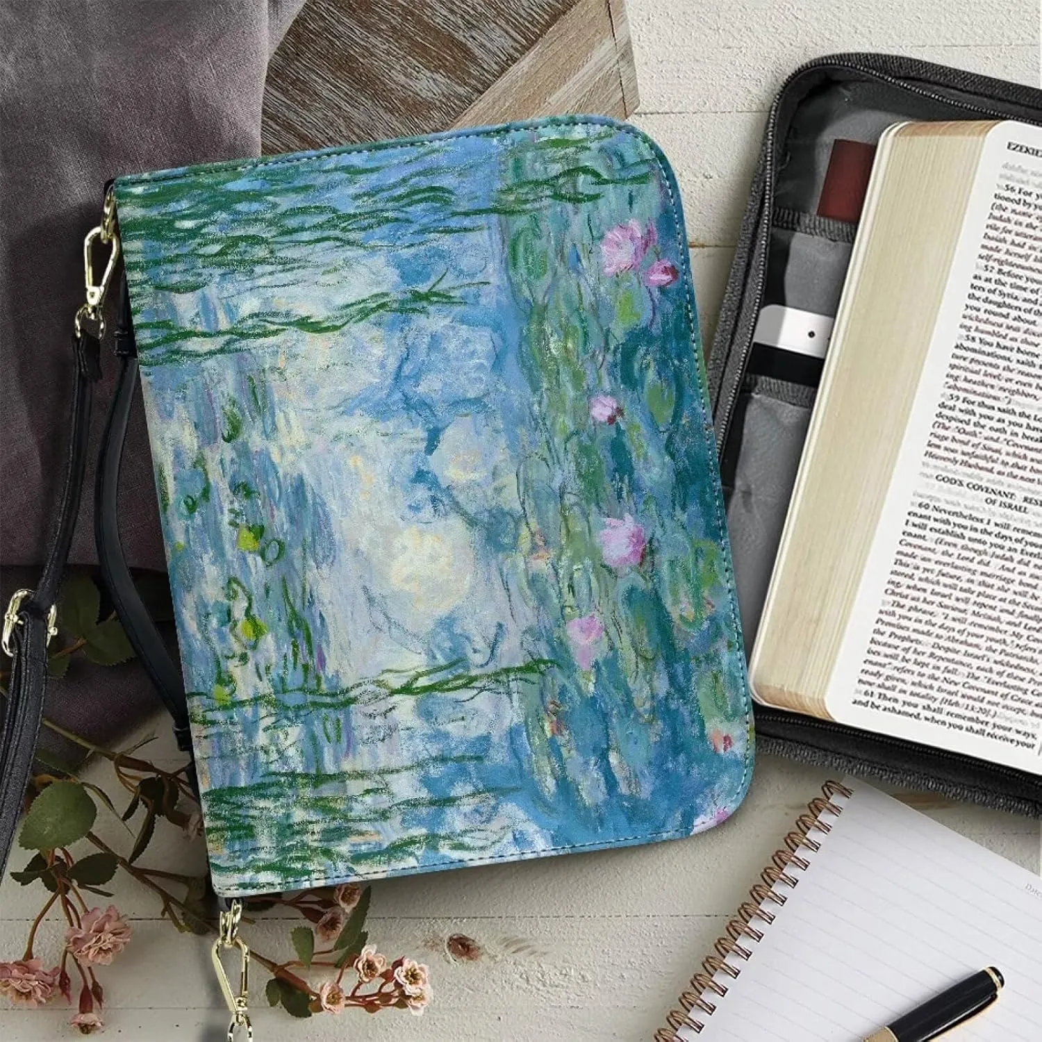 Claude Monet Bible Cover Bible Case for Women PU Bible Bag with Shoulder Strap Monet Oil Painting Design Book Cover