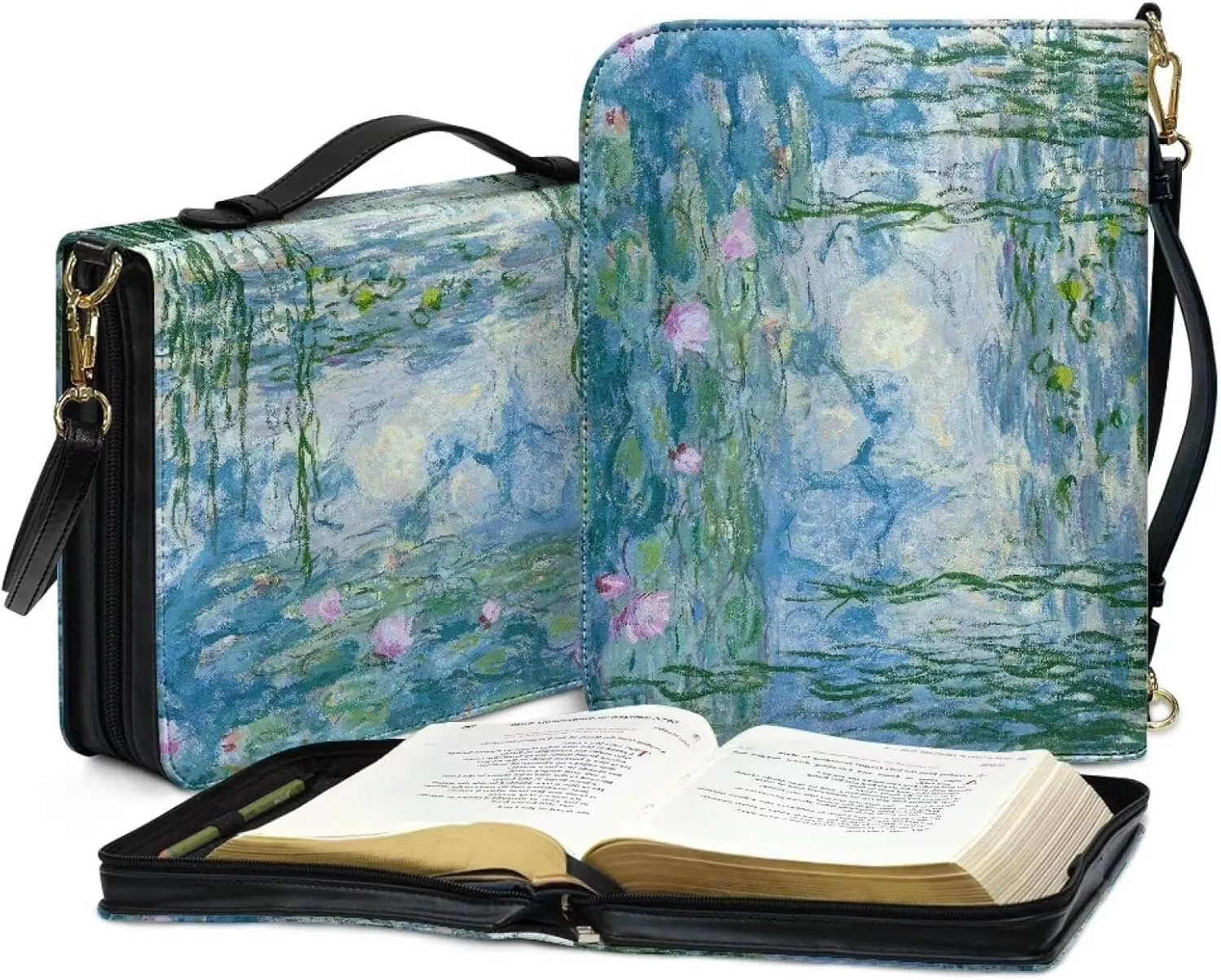 Claude Monet Bible Cover Bible Case for Women PU Bible Bag with Shoulder Strap Monet Oil Painting Design Book Cover