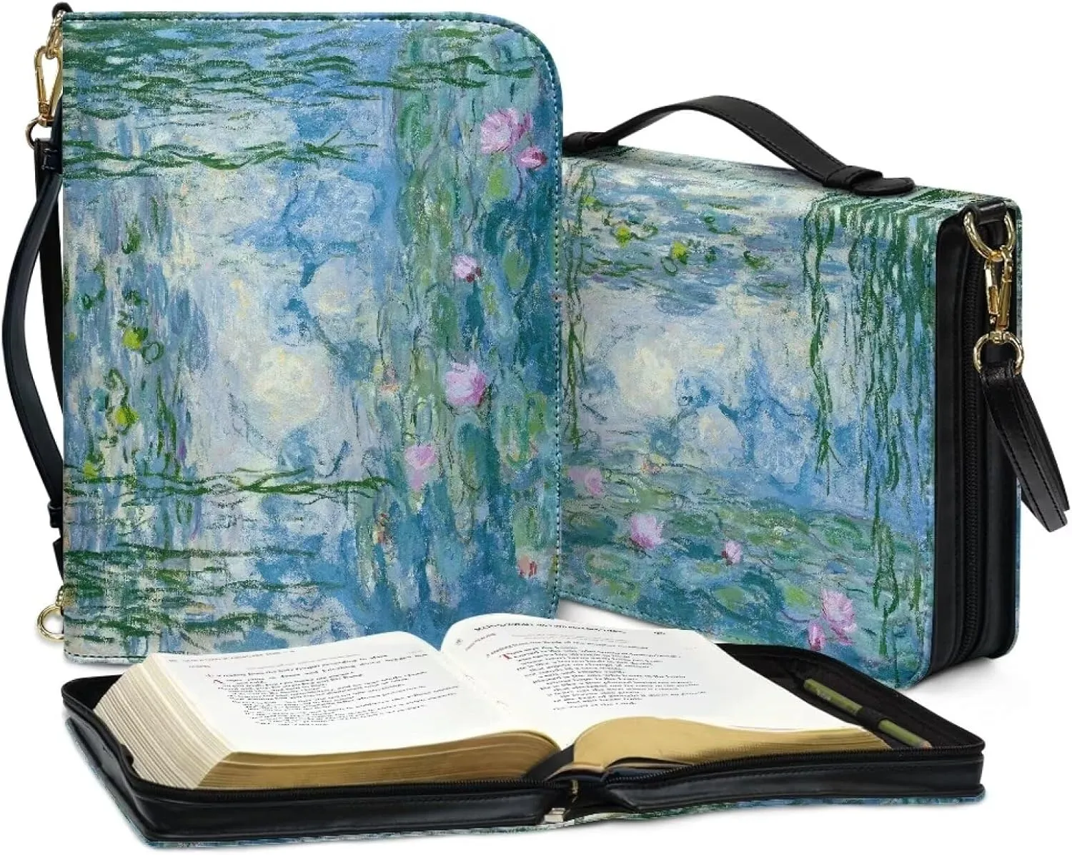 Claude Monet Bible Cover Bible Case for Women PU Bible Bag with Shoulder Strap Monet Oil Painting Design Book Cover