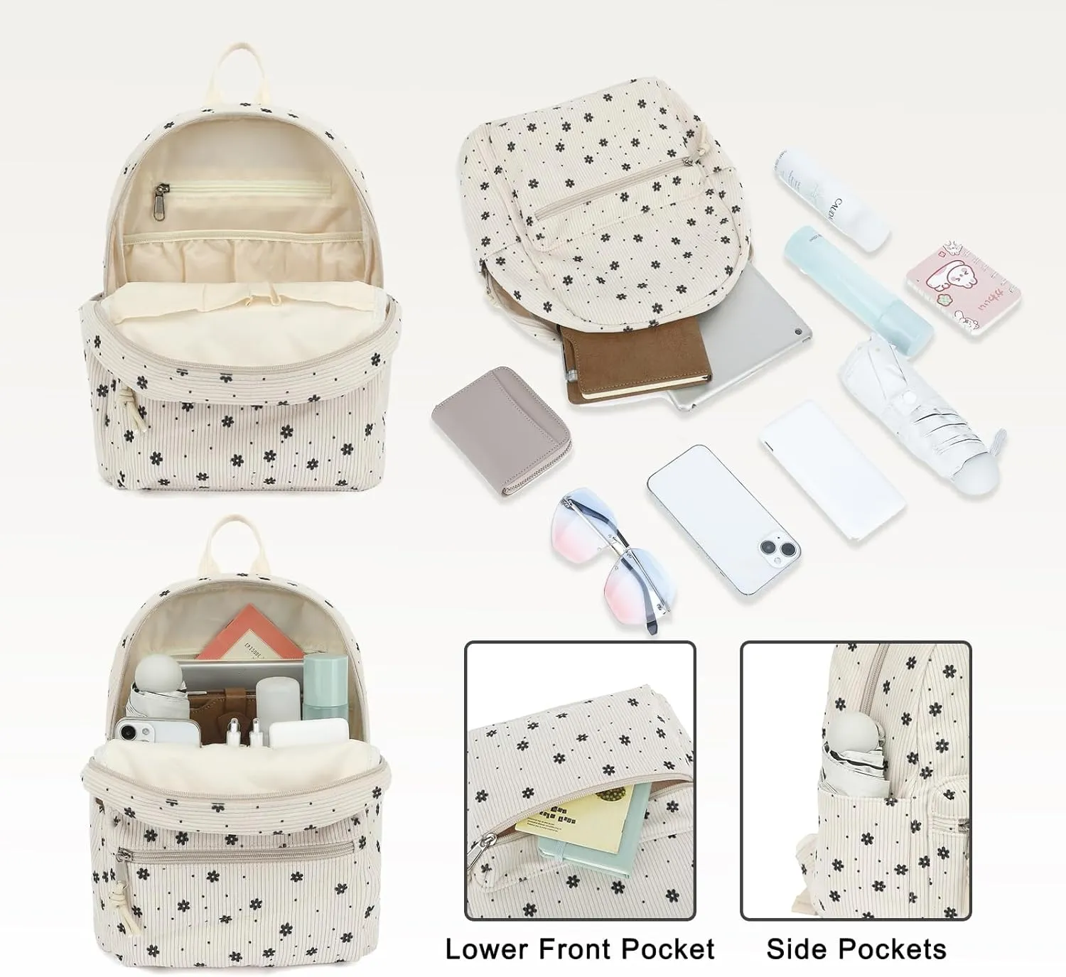 Corduroy Womens Mini Backpack Girls Small Backpack Purse Fashion Casual Daypack School Bookbag (Floral Beige)