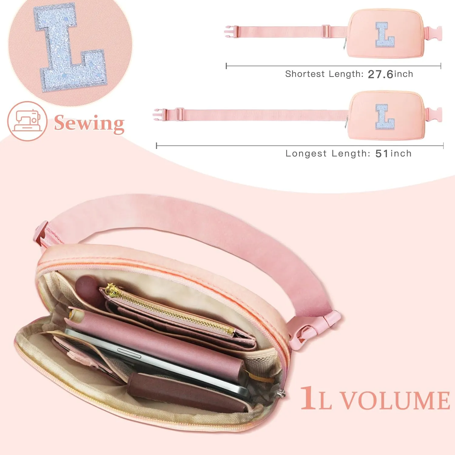 COSHAYSOO Initial Belt Bag Small Waist Fanny Pack Crossbody Purse Trendy with Monogrammed Preppy Letter Patch, Cute Travel Gift Pouch for Cheerleading Team Dance Girls Niece Sister Party Pink (L)