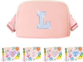 COSHAYSOO Initial Belt Bag Small Waist Fanny Pack Crossbody Purse Trendy with Monogrammed Preppy Letter Patch, Cute Travel Gift Pouch for Cheerleading Team Dance Girls Niece Sister Party Pink (L)