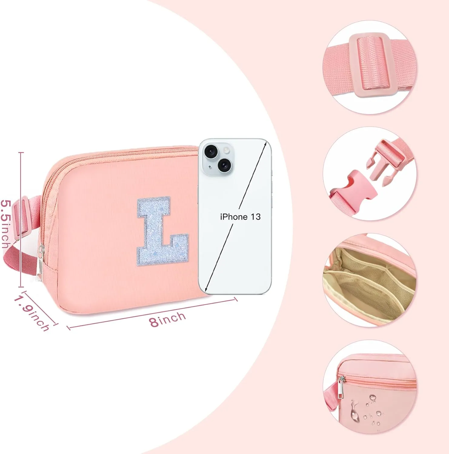 COSHAYSOO Initial Belt Bag Small Waist Fanny Pack Crossbody Purse Trendy with Monogrammed Preppy Letter Patch, Cute Travel Gift Pouch for Cheerleading Team Dance Girls Niece Sister Party Pink (L)