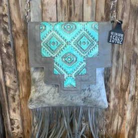 Crossbody with leather Flap 18" long fringe  #15962