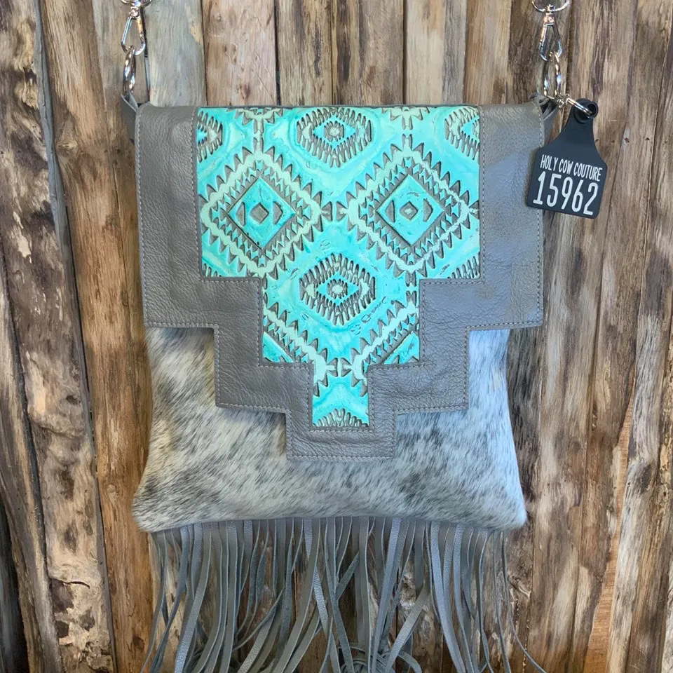 Crossbody with leather Flap 18" long fringe  #15962