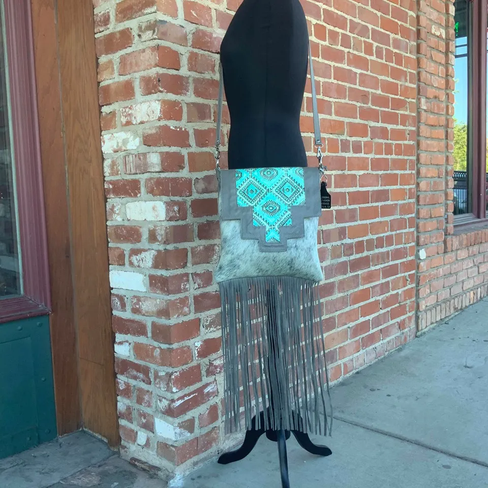 Crossbody with leather Flap 18" long fringe  #15962