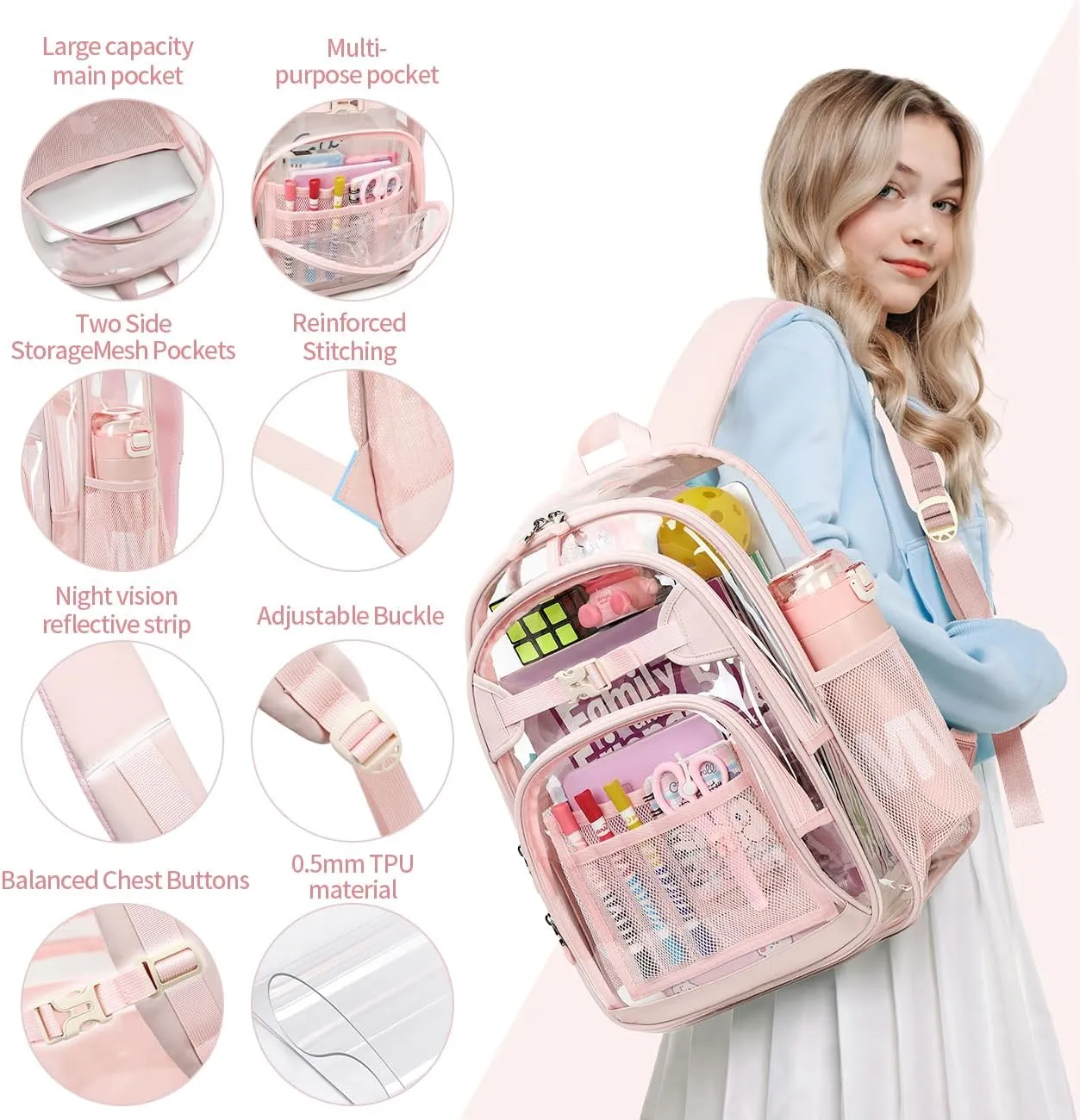Cusangel Clear Backpack for Girls kids,Pink tpu Heavy Duty 16in Transparent Bookbag for School,Student children Bag Stadium Approved See Through Backpack,Stitch Bag durability
