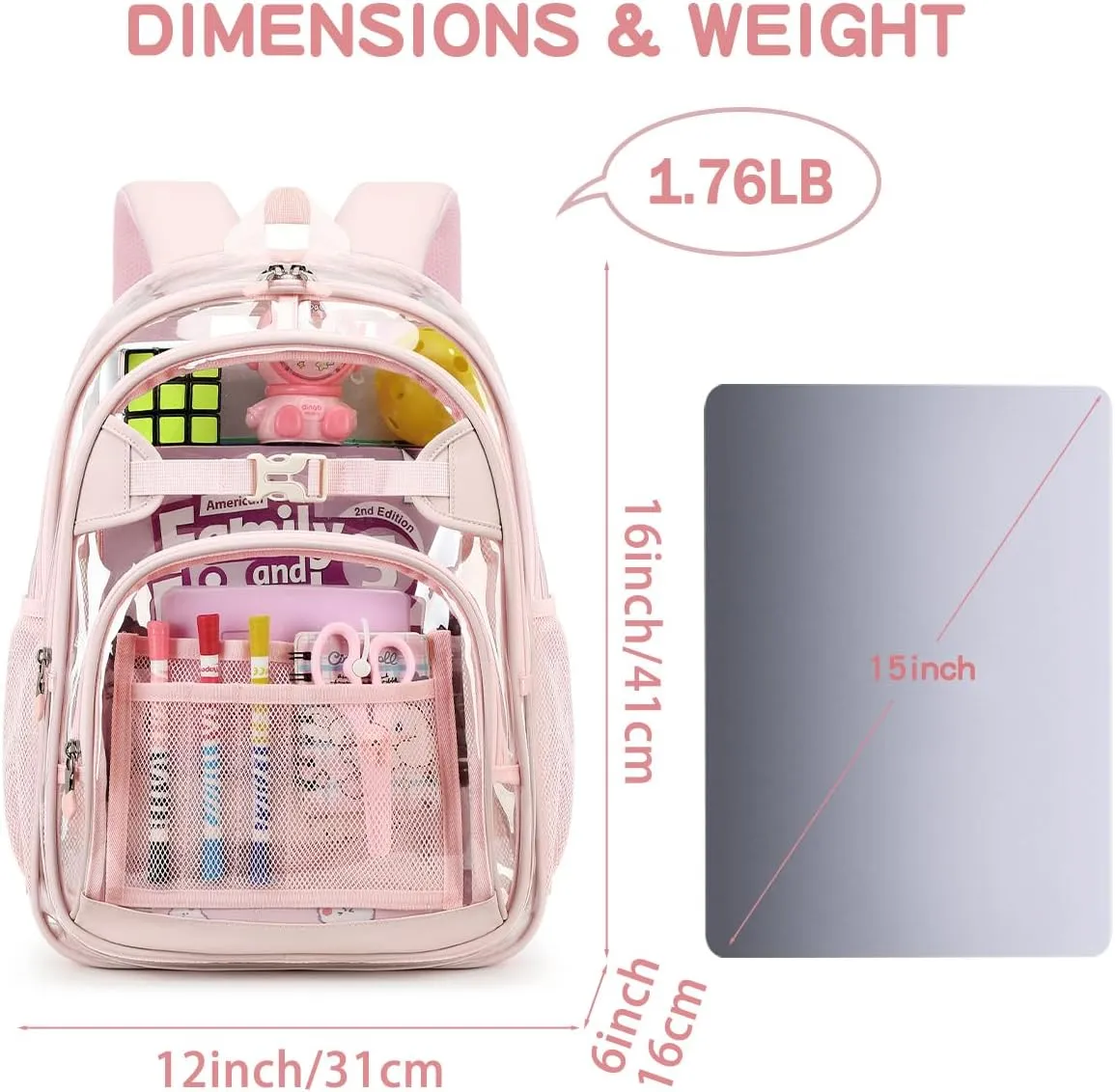 Cusangel Clear Backpack for Girls kids,Pink tpu Heavy Duty 16in Transparent Bookbag for School,Student children Bag Stadium Approved See Through Backpack,Stitch Bag durability