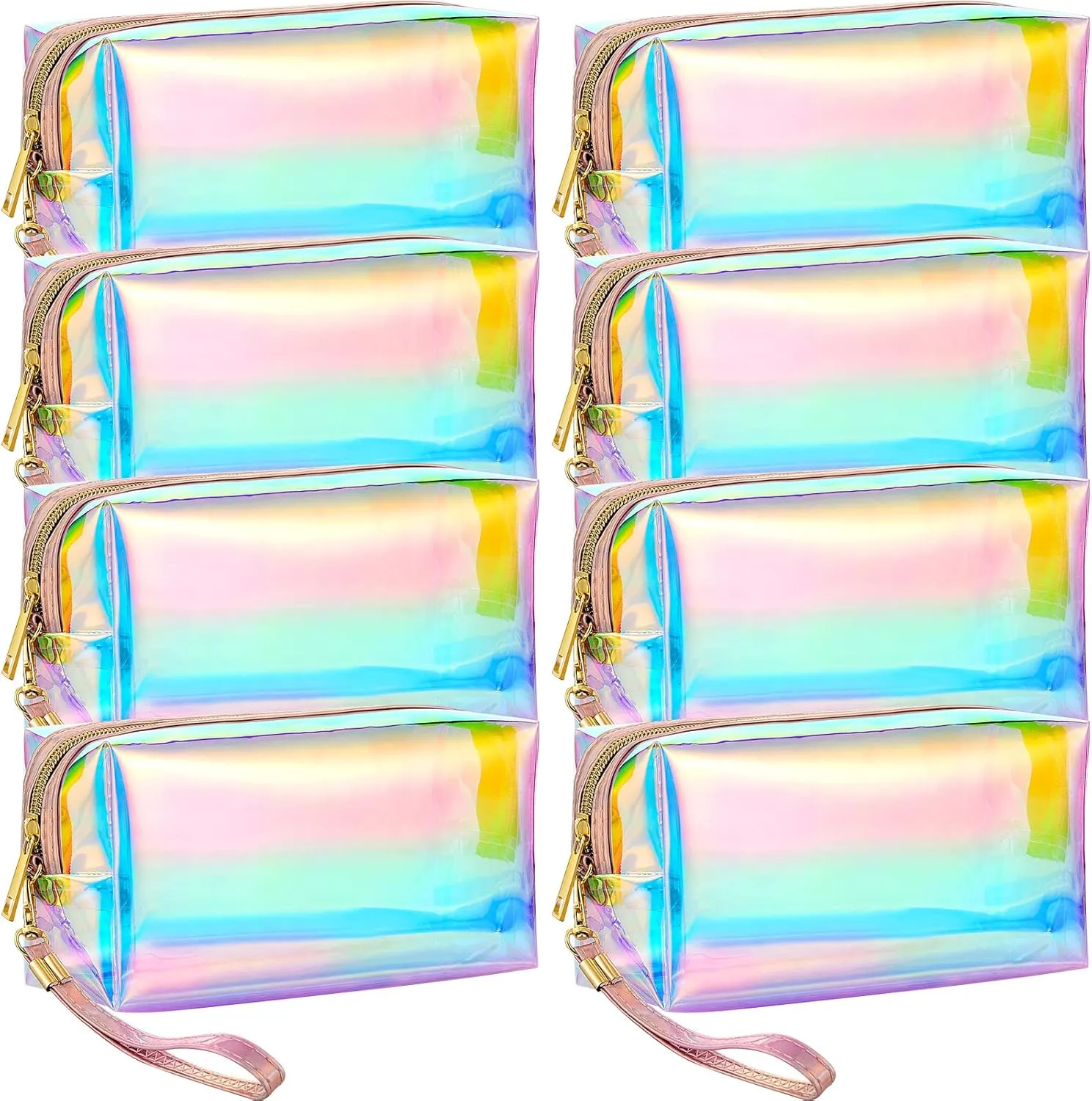 Dunzy 8 Pcs Holographic Clear Makeup Bags with Zipper Travel Cosmetic Bag Iridescent Makeup Pouches with Wrist Loop Waterproof Toiletry Organizer Case Home Office Purse Diaper Bag Vacation Gift(M)