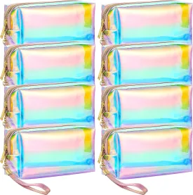 Dunzy 8 Pcs Holographic Clear Makeup Bags with Zipper Travel Cosmetic Bag Iridescent Makeup Pouches with Wrist Loop Waterproof Toiletry Organizer Case Home Office Purse Diaper Bag Vacation Gift(M)