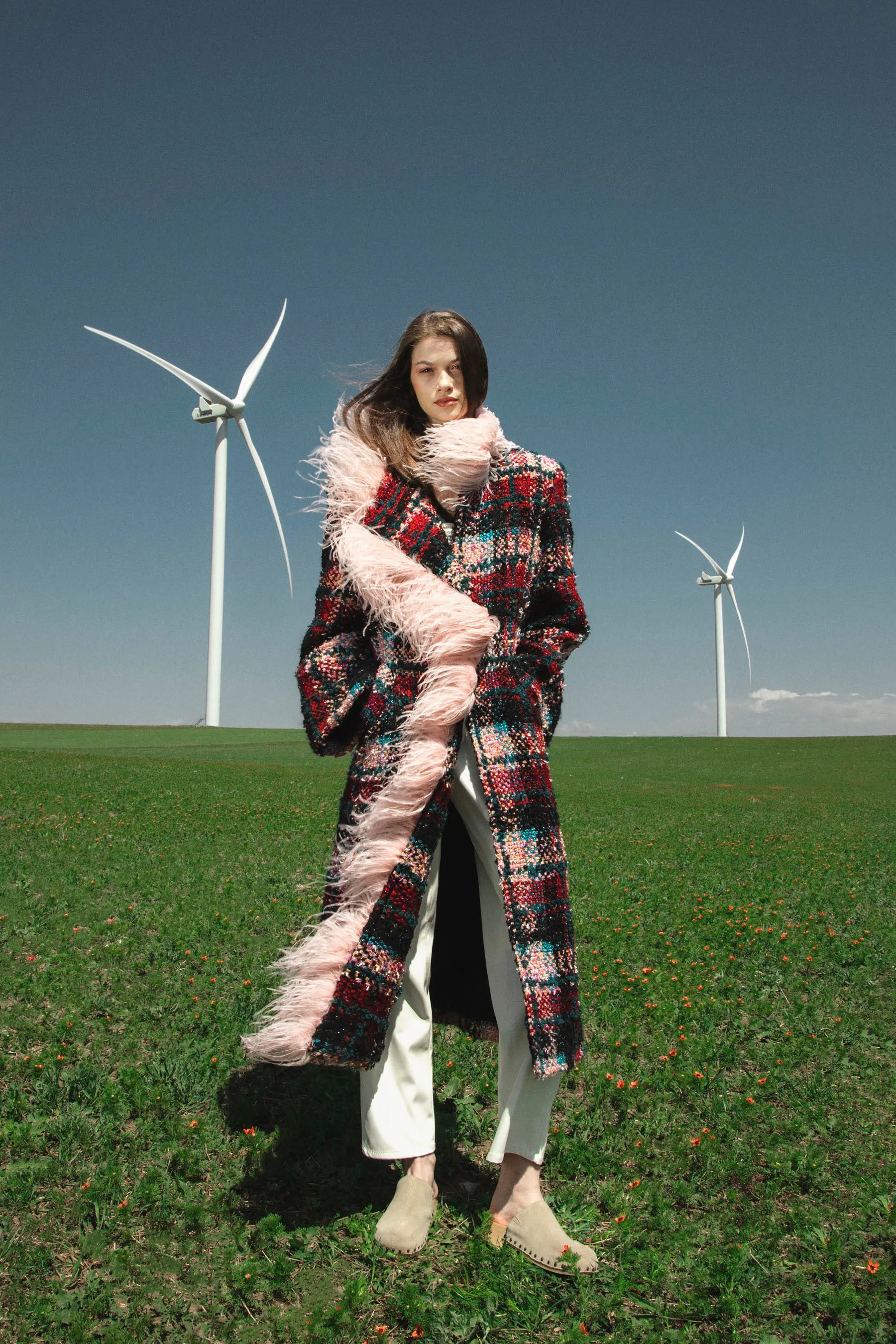 Feather-Trimmed Checked Coat