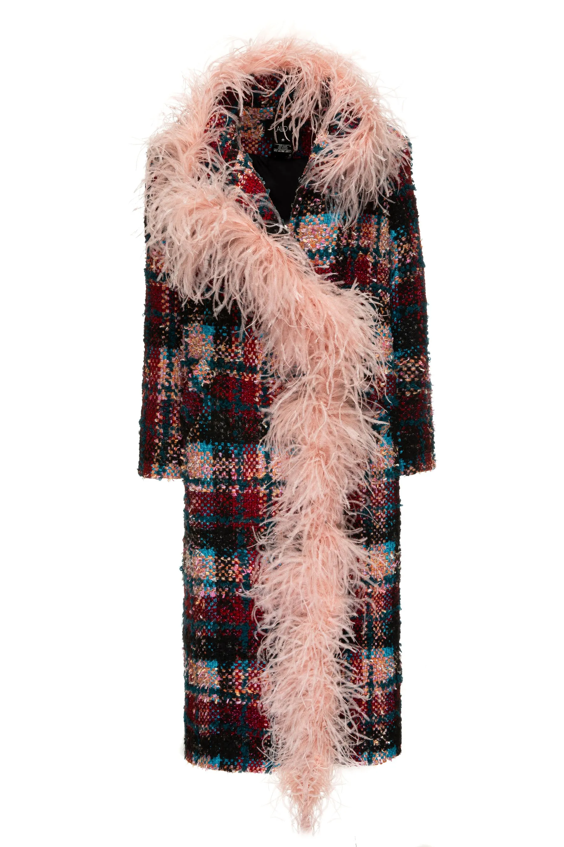 Feather-Trimmed Checked Coat