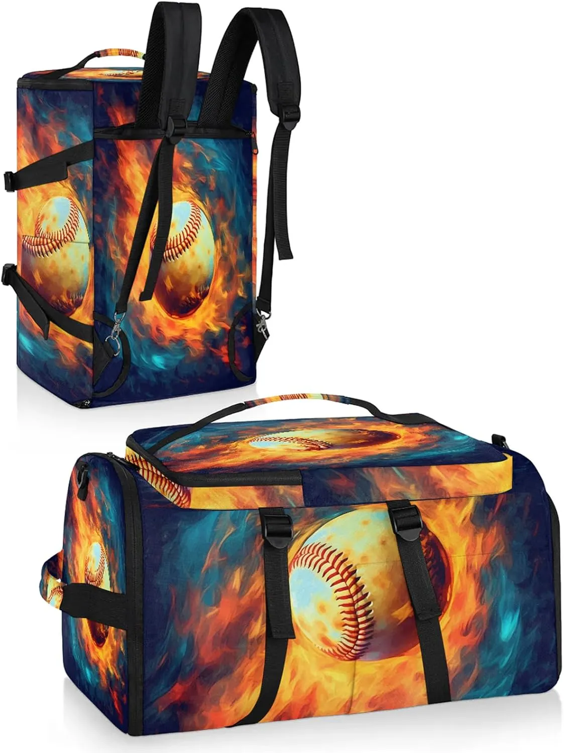 Fire Baseball Gym Bags for Men Women Sports Backpack with Shoe Compartment 3-in-1 Tactical Duffle Bag for Overnight Weekender Travel