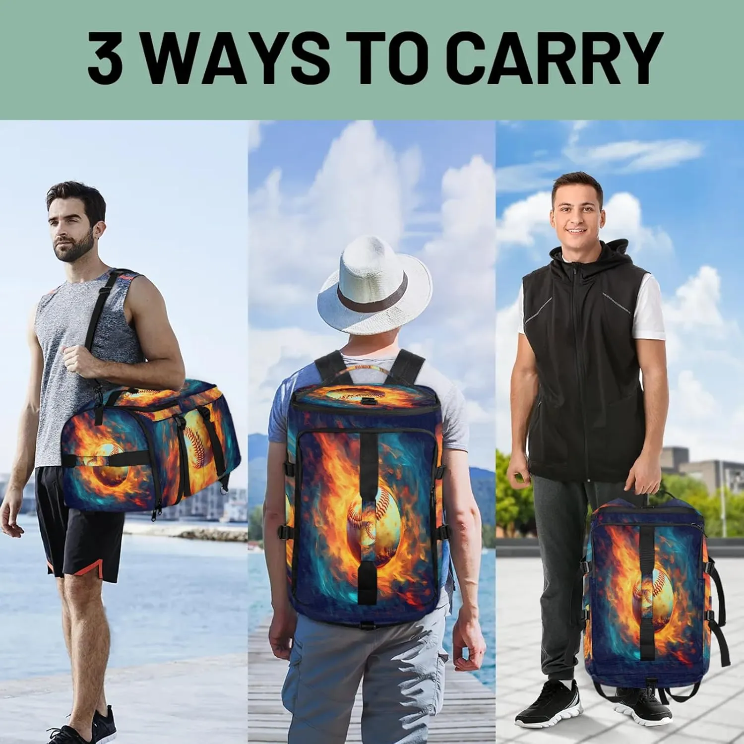 Fire Baseball Gym Bags for Men Women Sports Backpack with Shoe Compartment 3-in-1 Tactical Duffle Bag for Overnight Weekender Travel