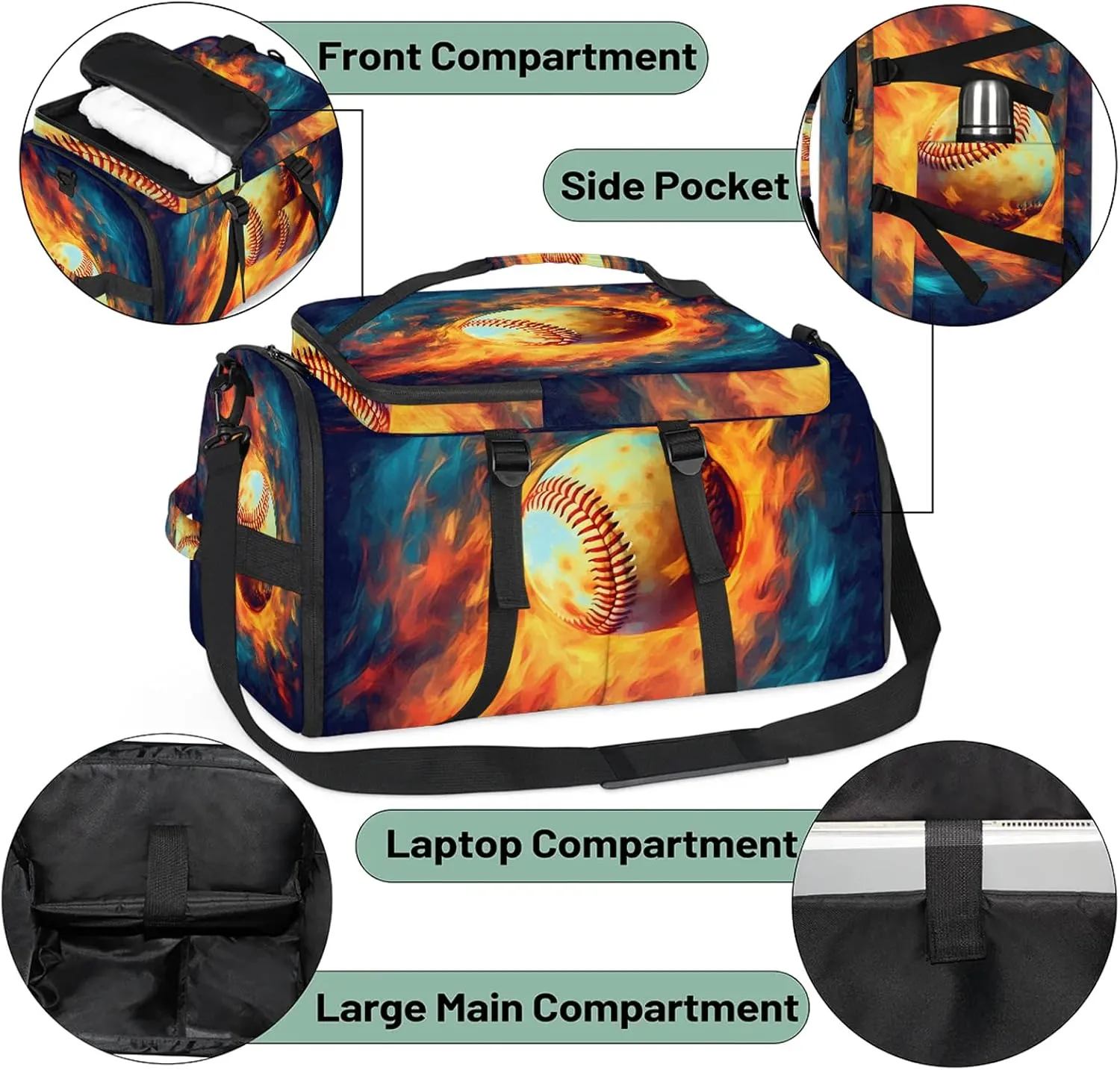 Fire Baseball Gym Bags for Men Women Sports Backpack with Shoe Compartment 3-in-1 Tactical Duffle Bag for Overnight Weekender Travel