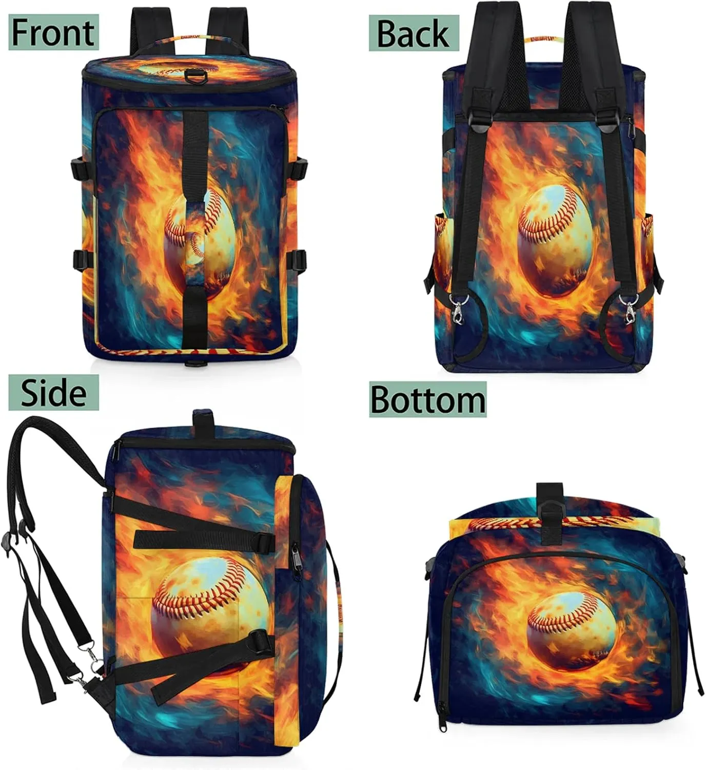 Fire Baseball Gym Bags for Men Women Sports Backpack with Shoe Compartment 3-in-1 Tactical Duffle Bag for Overnight Weekender Travel