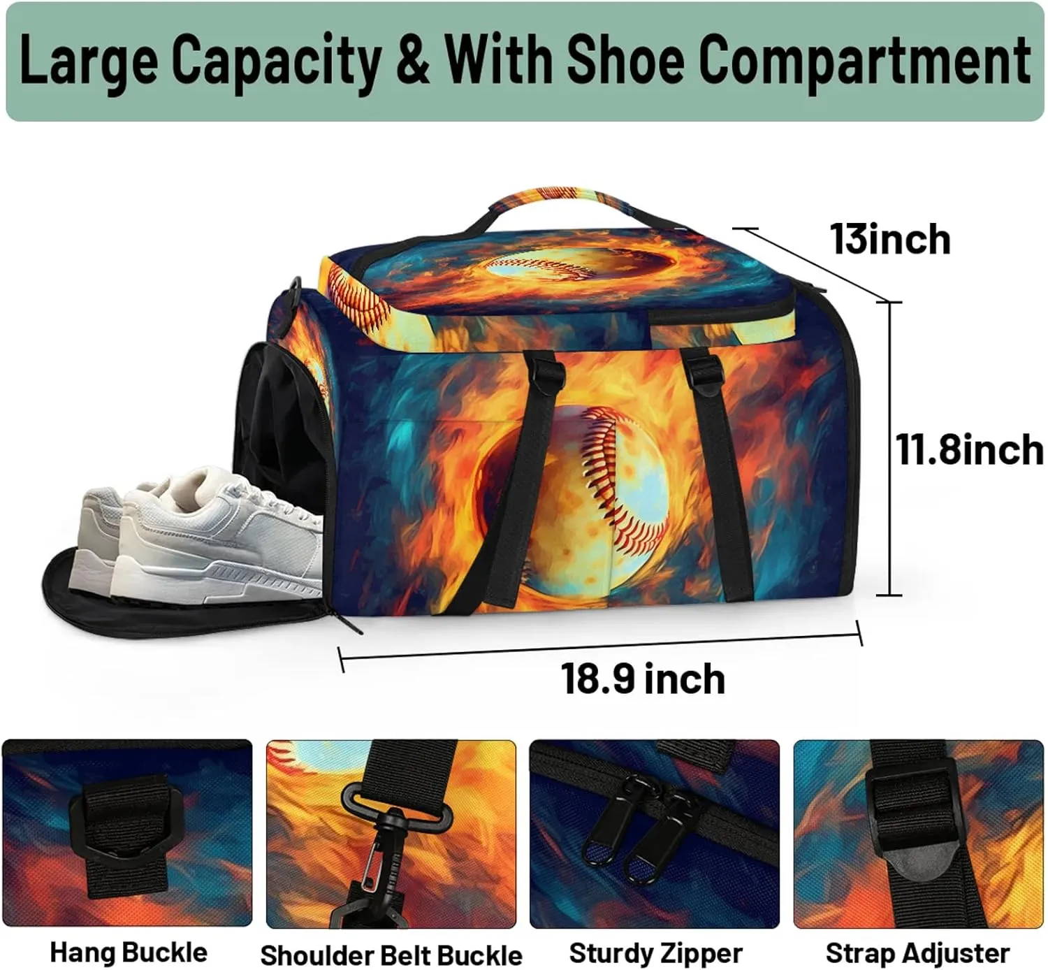 Fire Baseball Gym Bags for Men Women Sports Backpack with Shoe Compartment 3-in-1 Tactical Duffle Bag for Overnight Weekender Travel