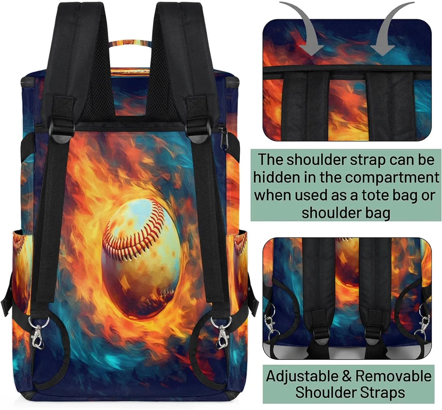 Fire Baseball Gym Bags for Men Women Sports Backpack with Shoe Compartment 3-in-1 Tactical Duffle Bag for Overnight Weekender Travel