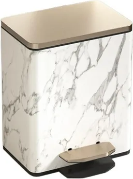 Garbage Can Luxury Marble Patterned Trash Can with Lid,Stainless Steel Step-on Garbage Bin with Soft Close Lid, Foot Pedal and Inner Bucket for Home, Office Trash Bin(White-gold-9L)