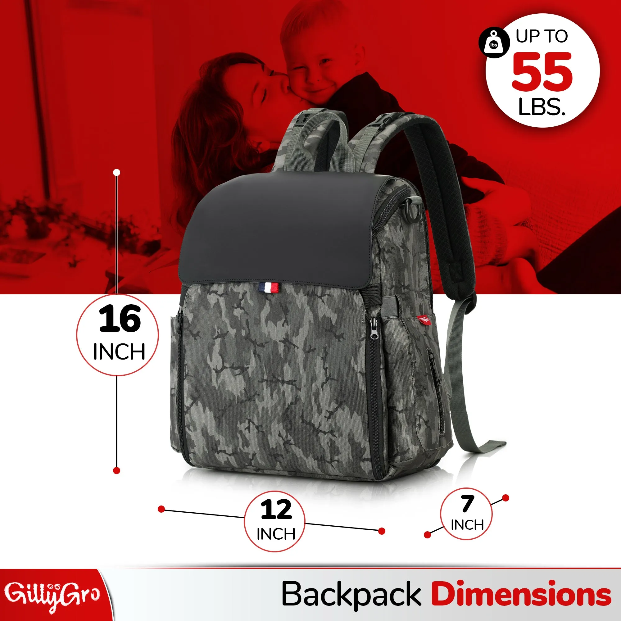 GillyGro Basic | 5-in-1 Multifunction Parent Backpack Set with Inbuilt Booster and 3  Insulated Pockets | Gray