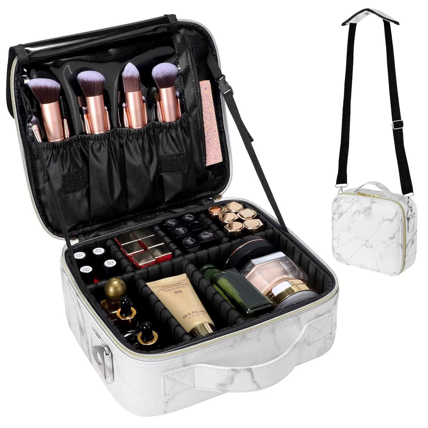 gzcz Travel Makeup Bag 10.2'' Cosmetic Bag Organizer Make up Train Case Portable Brush Artist Storage bag with Adjustable Dividers and shoulder strap for Make up Accessories (Marble White)