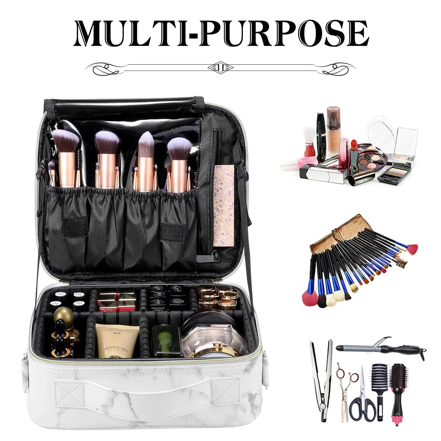 gzcz Travel Makeup Bag 10.2'' Cosmetic Bag Organizer Make up Train Case Portable Brush Artist Storage bag with Adjustable Dividers and shoulder strap for Make up Accessories (Marble White)